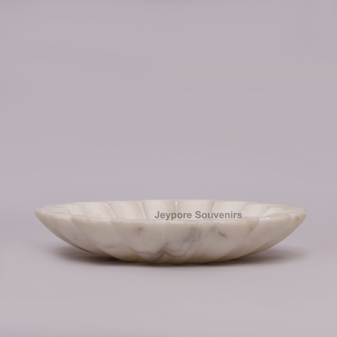 Hand-Carved White Marble Flower-Shaped Decorative Bowl