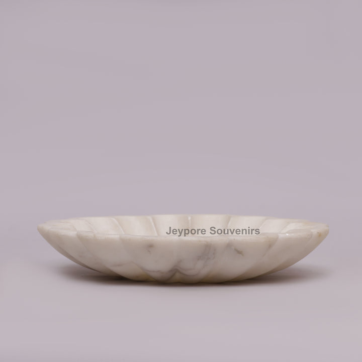 Hand-Carved White Marble Flower-Shaped Decorative Bowl