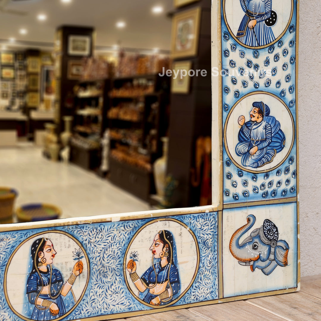 Hand-Painted Blue Rajasthani Royal Procession Camel Bone Inlay Haveli Style Mirror Frame