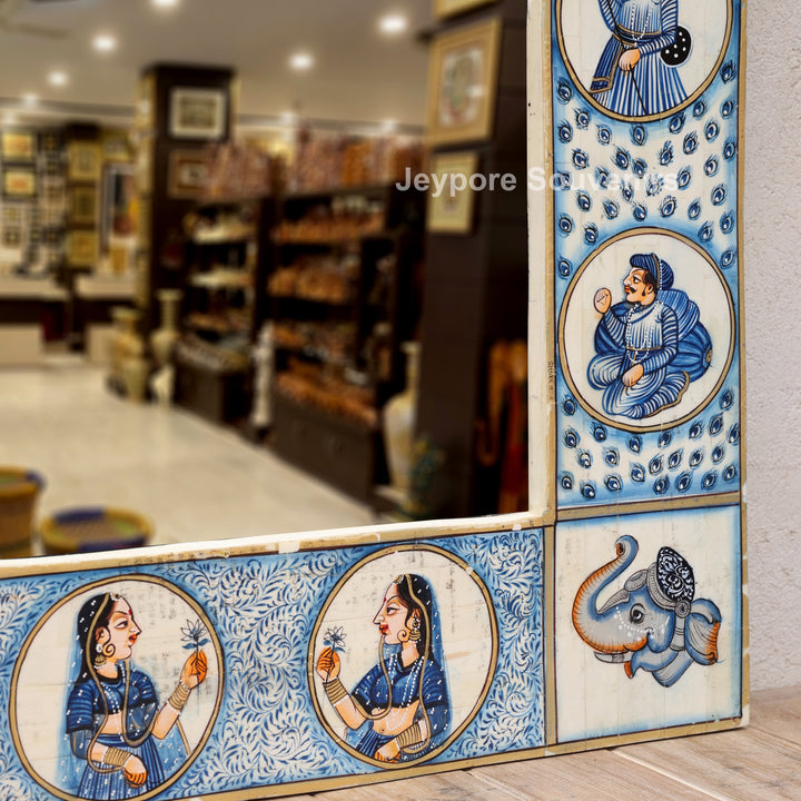 Hand-Painted Blue Rajasthani Royal Procession Camel Bone Inlay Haveli Style Mirror Frame