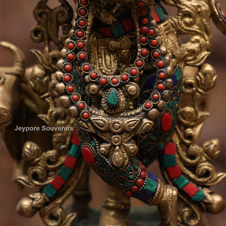 15 Inches Handcrafted Brass Meenakari Lord Krishna with Cow Statue