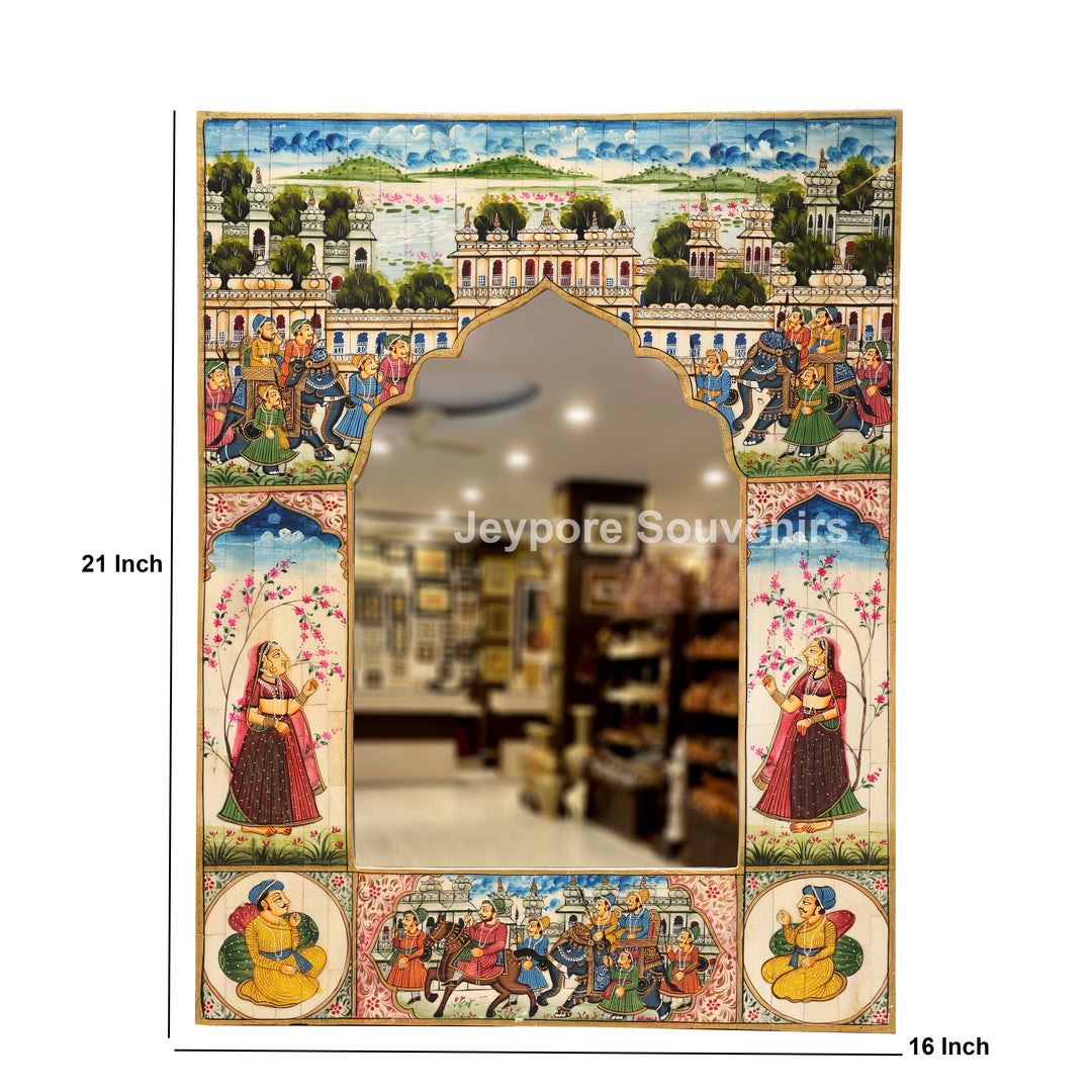 Handcrafted Rajasthani Royal Procession Camel Bone Inlay Haveli Mirror Wall Décor