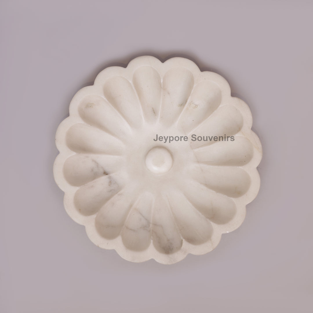 Hand-Carved White Marble Flower-Shaped Decorative Bowl