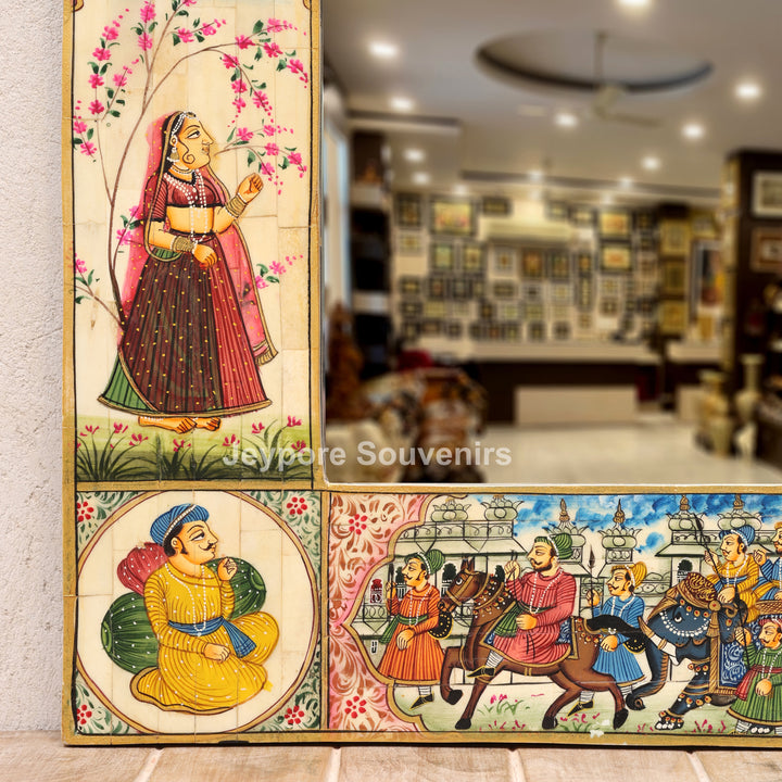 Handcrafted Rajasthani Royal Procession Camel Bone Inlay Haveli Mirror Wall Décor
