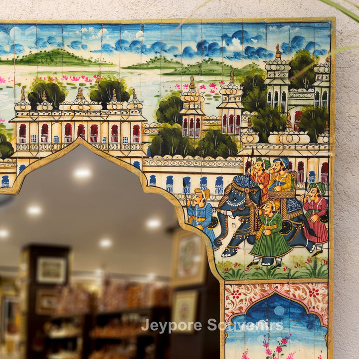 Handcrafted Rajasthani Royal Procession Camel Bone Inlay Haveli Mirror Wall Décor