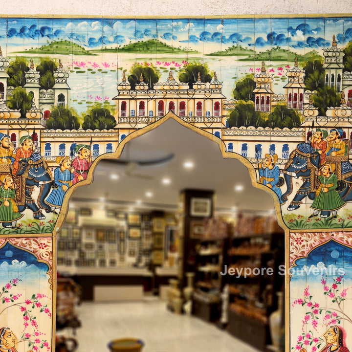 Handcrafted Rajasthani Royal Procession Camel Bone Inlay Haveli Mirror Wall Décor