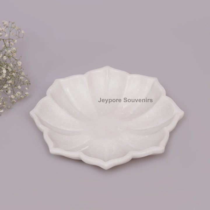 White Marble Decorative Lotus Shape Bowl with Open Flower Design