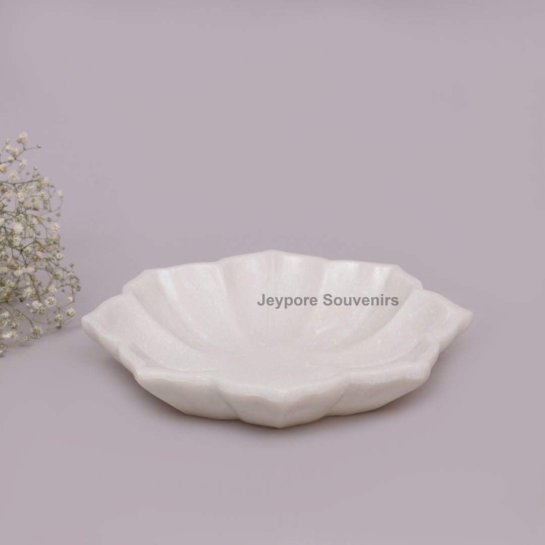 White Marble Decorative Lotus Shape Bowl with Open Flower Design
