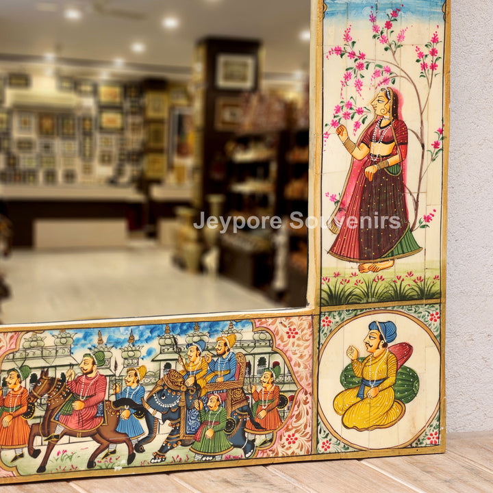 Handcrafted Rajasthani Royal Procession Camel Bone Inlay Haveli Mirror Wall Décor
