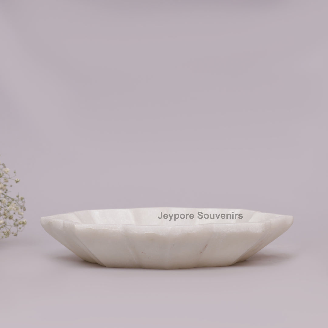 White Marble Decorative Lotus Shape Bowl with Open Flower Design