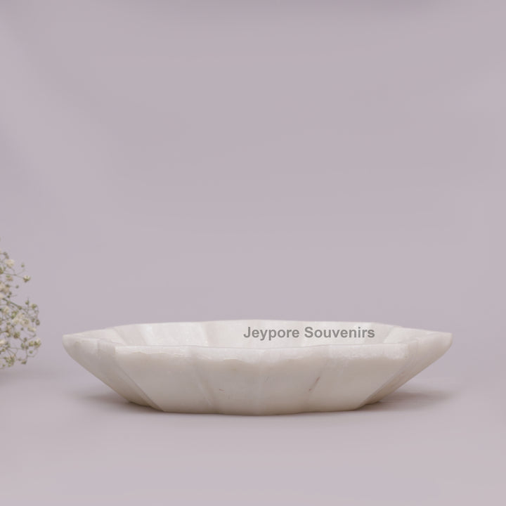White Marble Decorative Lotus Shape Bowl with Open Flower Design