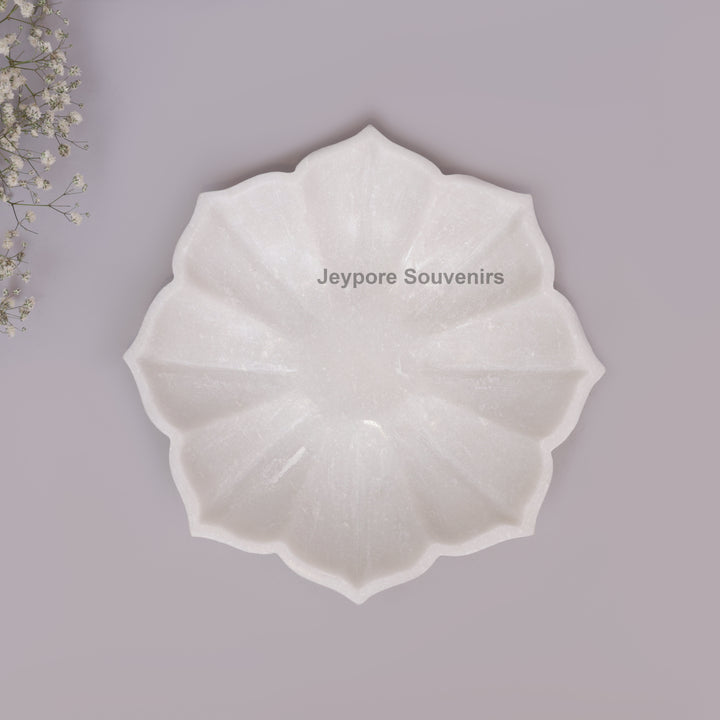 White Marble Decorative Lotus Shape Bowl with Open Flower Design