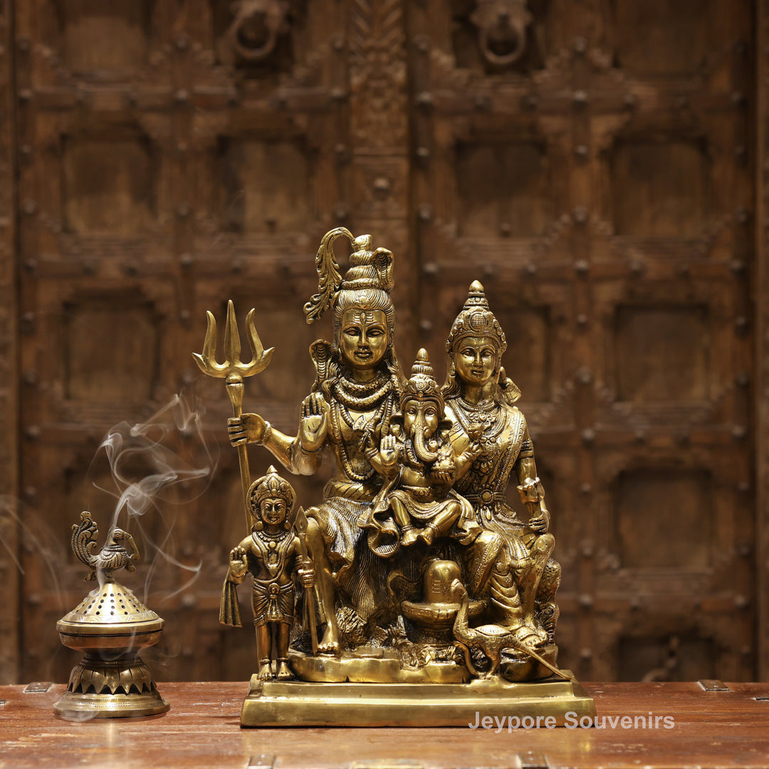 15" Handcrafted Brass Shiva Parivar Statue with Ganesha &amp; Kartikeya