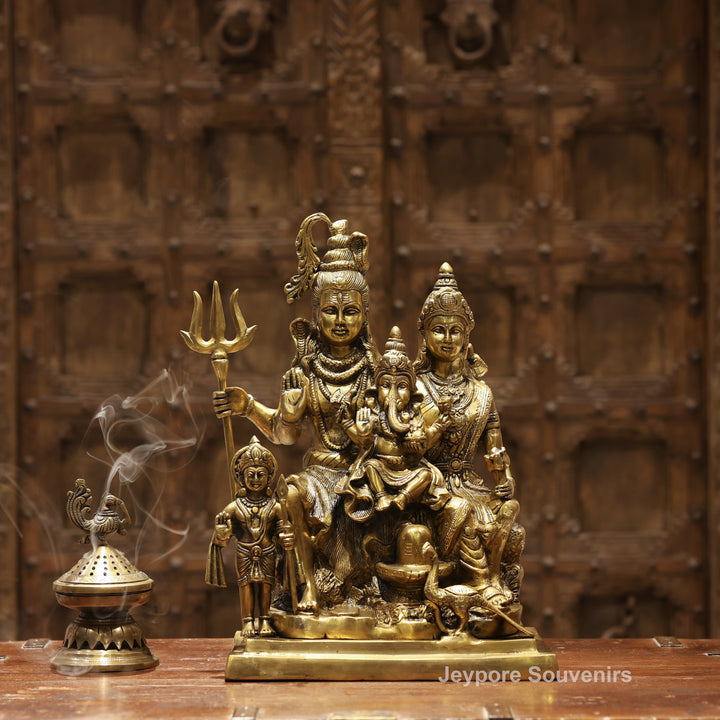15" Handcrafted Brass Shiva Parivar Statue with Ganesha &amp; Kartikeya