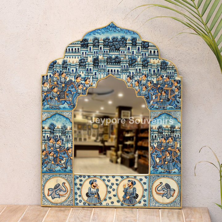 Handpainted Blue Haveli Style Royal Procession Camel Bone Inlay Mirror