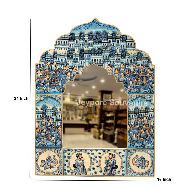 Handpainted Blue Haveli Style Royal Procession Camel Bone Inlay Mirror