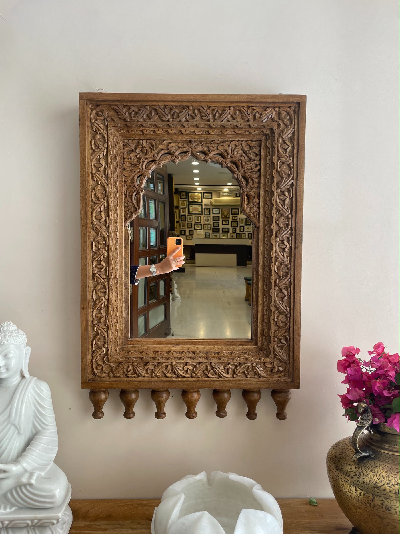 Hand carved jharokha mirror frame in distressed finish