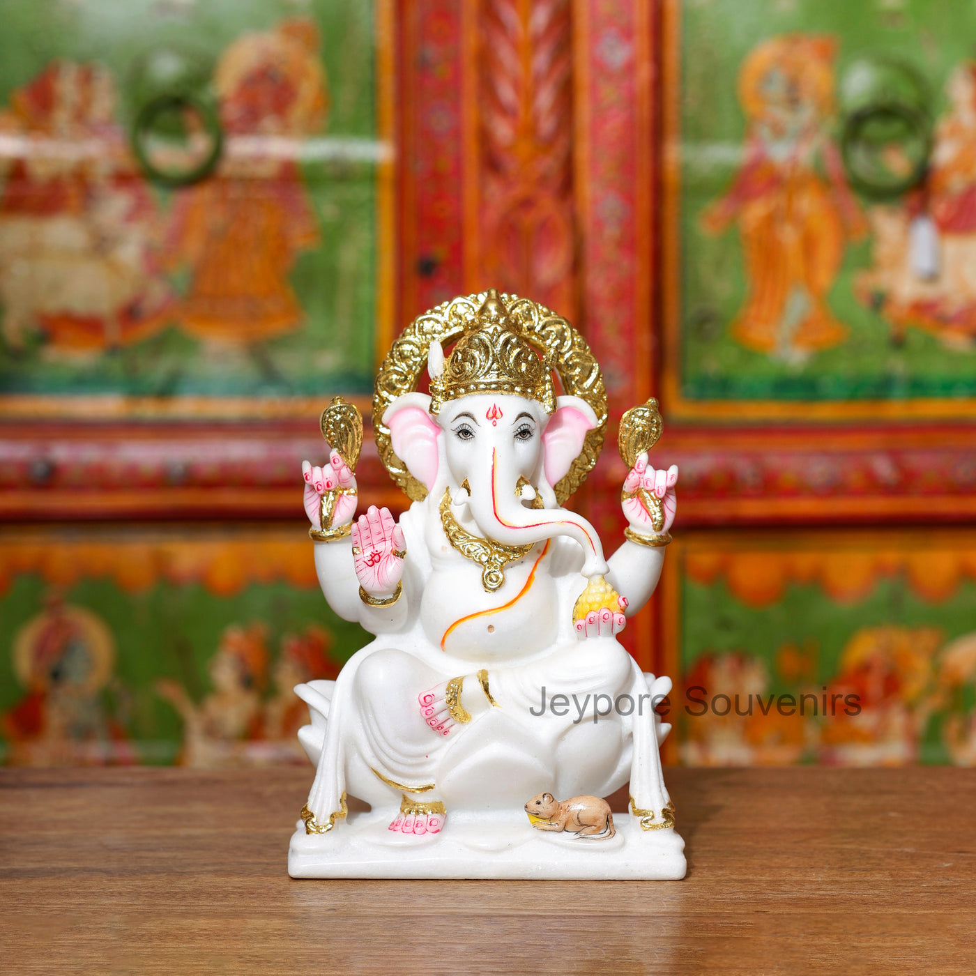 9" Pure White Marble Lord Ganesha Idol with Real Gold Leaf Work