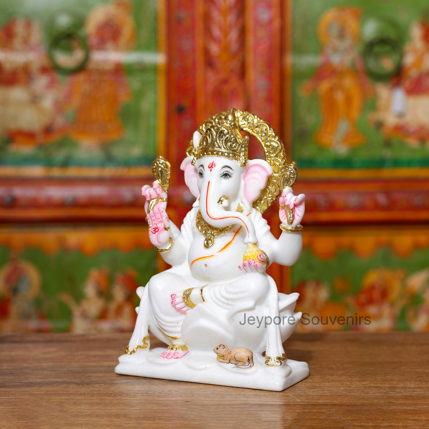 9" Pure White Marble Lord Ganesha Idol with Real Gold Leaf Work