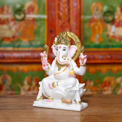 9" Pure White Marble Lord Ganesha Idol with Real Gold Leaf Work