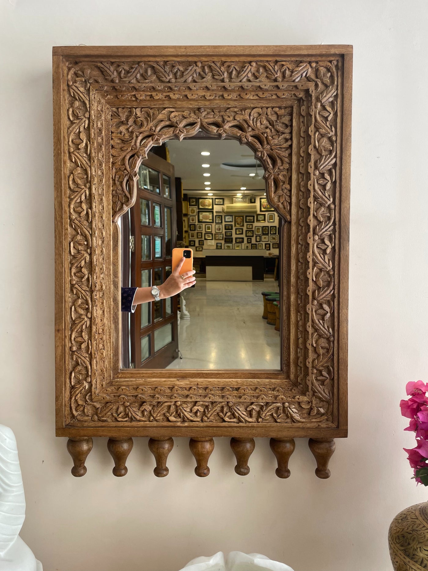 Hand carved jharokha mirror frame in distressed finish