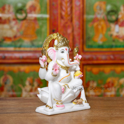 9" Pure White Marble Lord Ganesha Idol with Real Gold Leaf Work