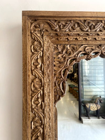 Hand carved jharokha mirror frame in distressed finish