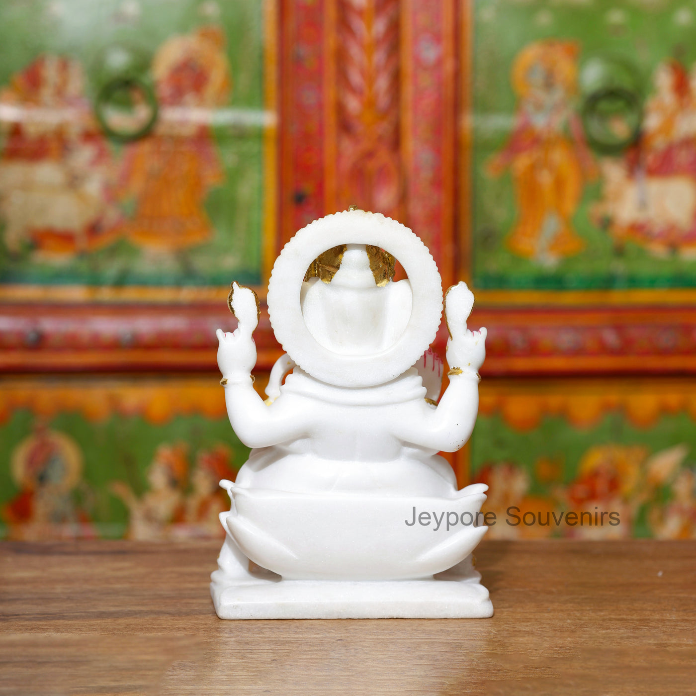9" Pure White Marble Lord Ganesha Idol with Real Gold Leaf Work