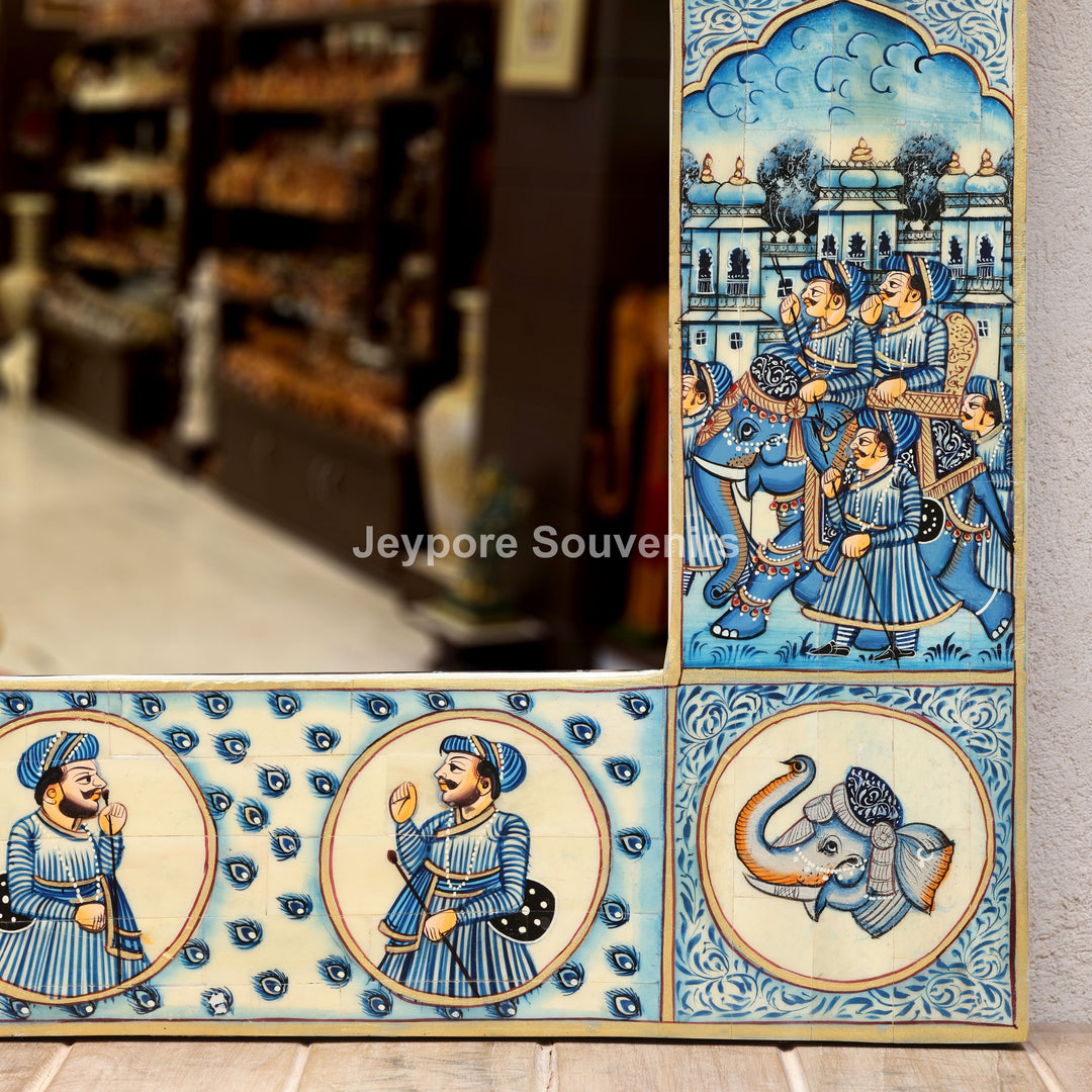 Handpainted Blue Haveli Style Royal Procession Camel Bone Inlay Mirror