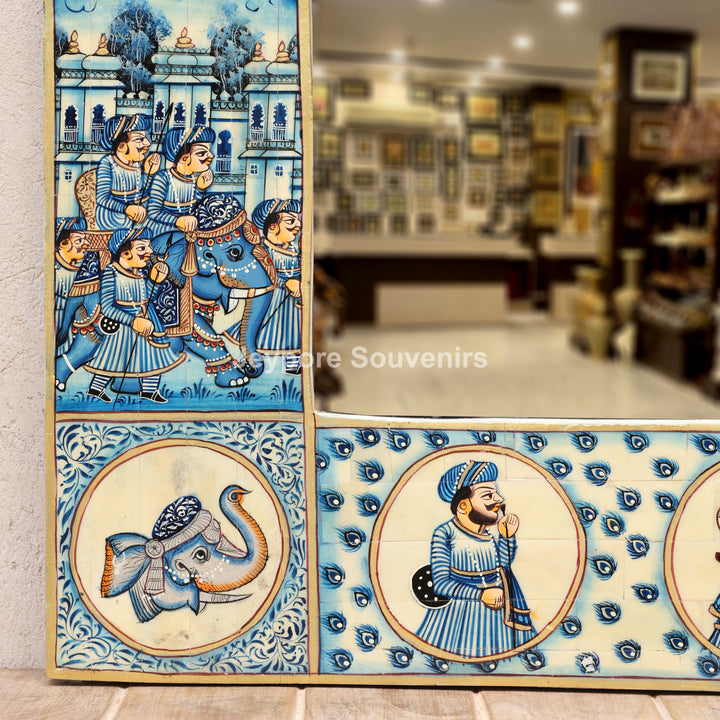 Handpainted Blue Haveli Style Royal Procession Camel Bone Inlay Mirror