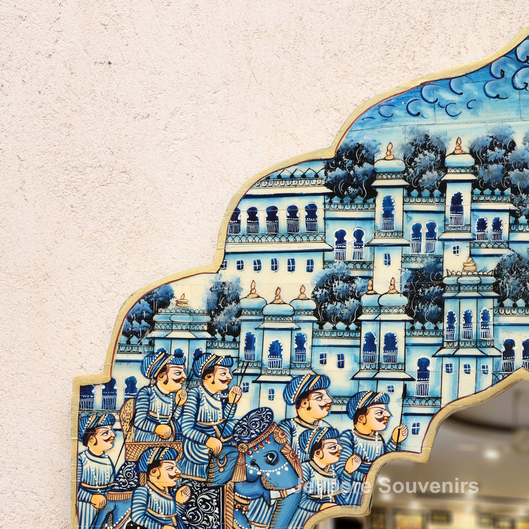 Handpainted Blue Haveli Style Royal Procession Camel Bone Inlay Mirror