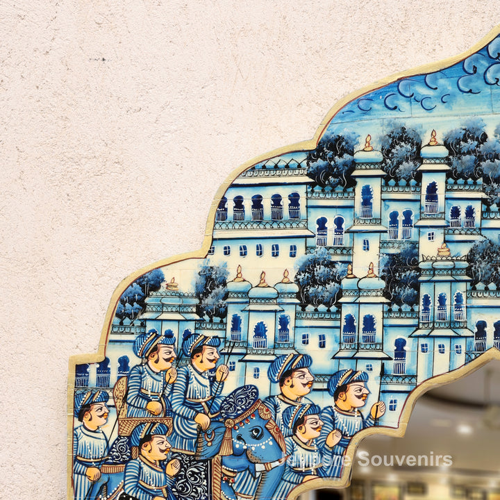 Handpainted Blue Haveli Style Royal Procession Camel Bone Inlay Mirror