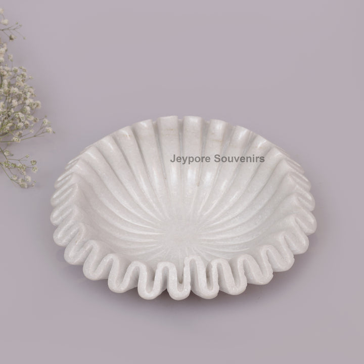 White Marble Ruffle Urli Bowl with Scalloped Fluted Design