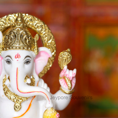9" Pure White Marble Lord Ganesha Idol with Real Gold Leaf Work