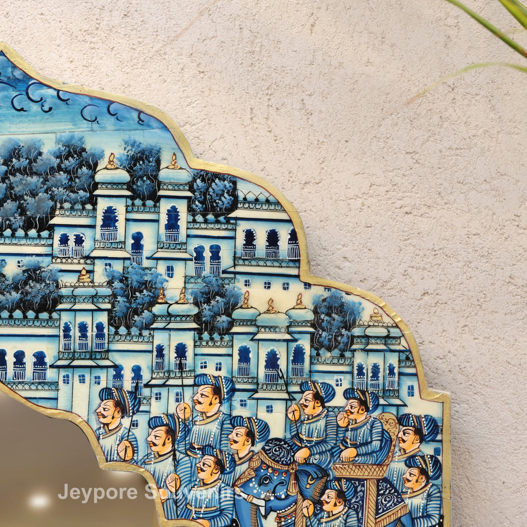 Handpainted Blue Haveli Style Royal Procession Camel Bone Inlay Mirror