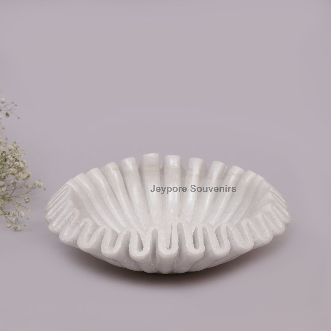 White Marble Ruffle Urli Bowl with Scalloped Fluted Design