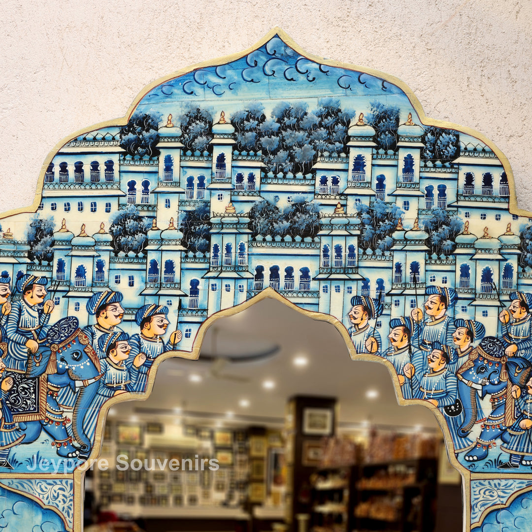 Handpainted Blue Haveli Style Royal Procession Camel Bone Inlay Mirror