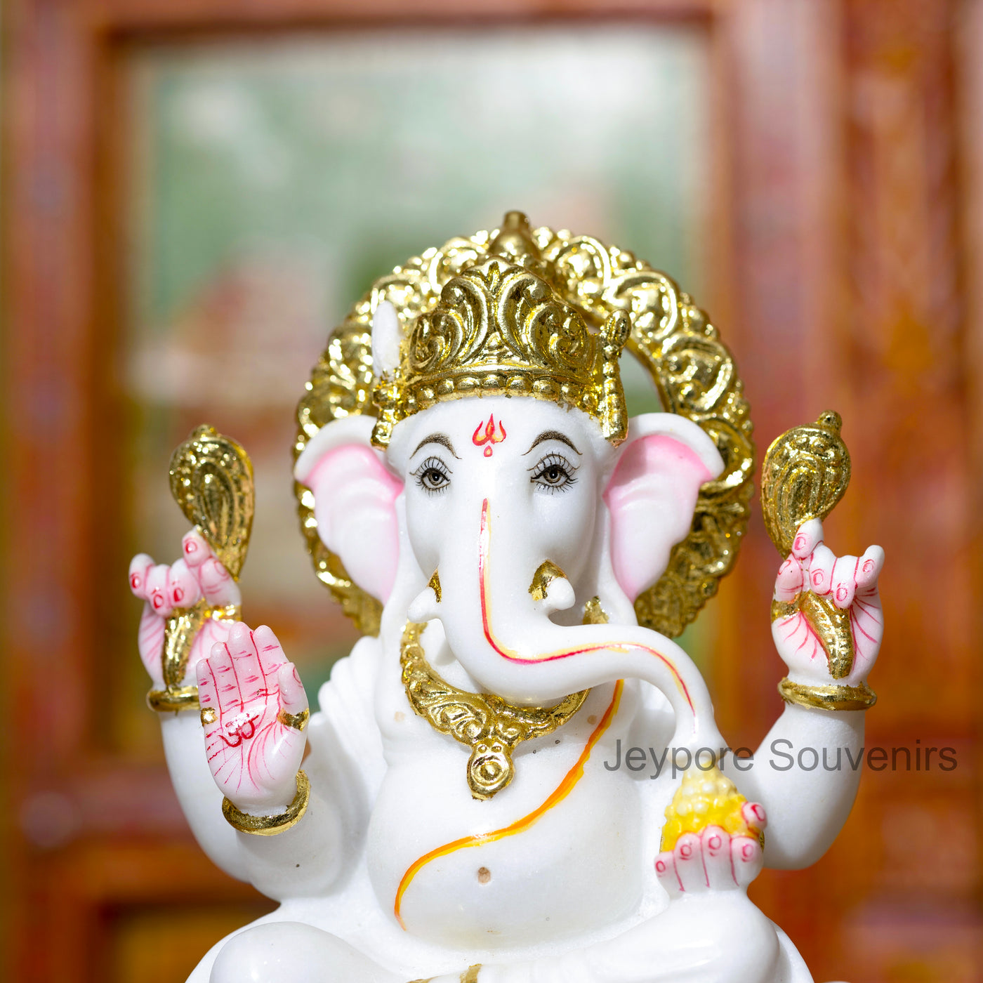 9" Pure White Marble Lord Ganesha Idol with Real Gold Leaf Work
