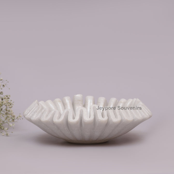 White Marble Ruffle Urli Bowl with Scalloped Fluted Design