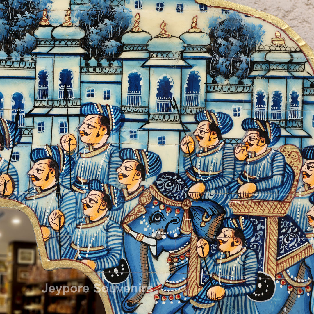 Handpainted Blue Haveli Style Royal Procession Camel Bone Inlay Mirror