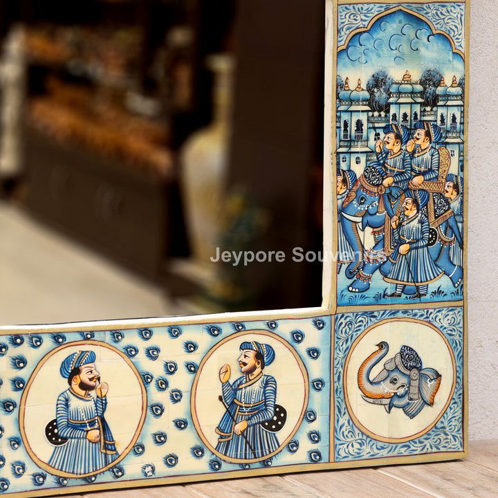 Handpainted Blue Haveli Style Royal Procession Camel Bone Inlay Mirror