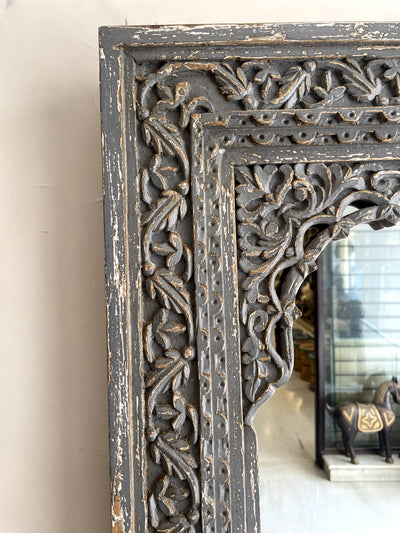 Hand carved jharokha mirror frame in distressed finish