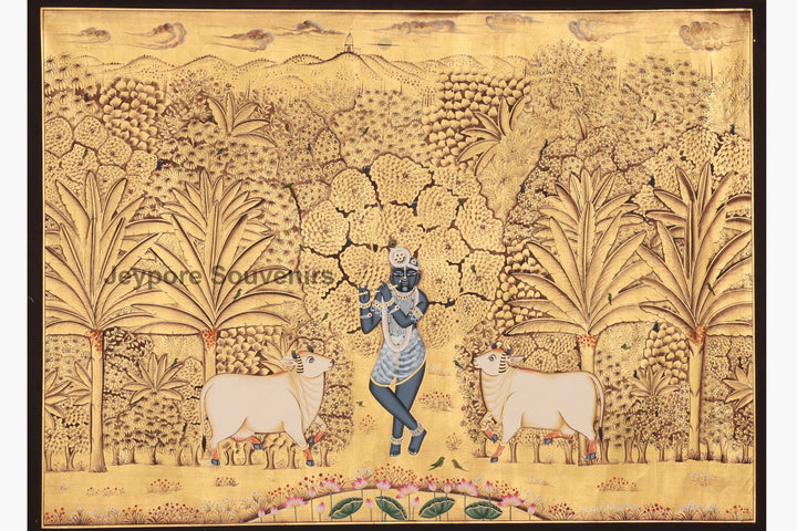 Hand-Painted Gold Leaf Krishna with Cows - Pichwai
