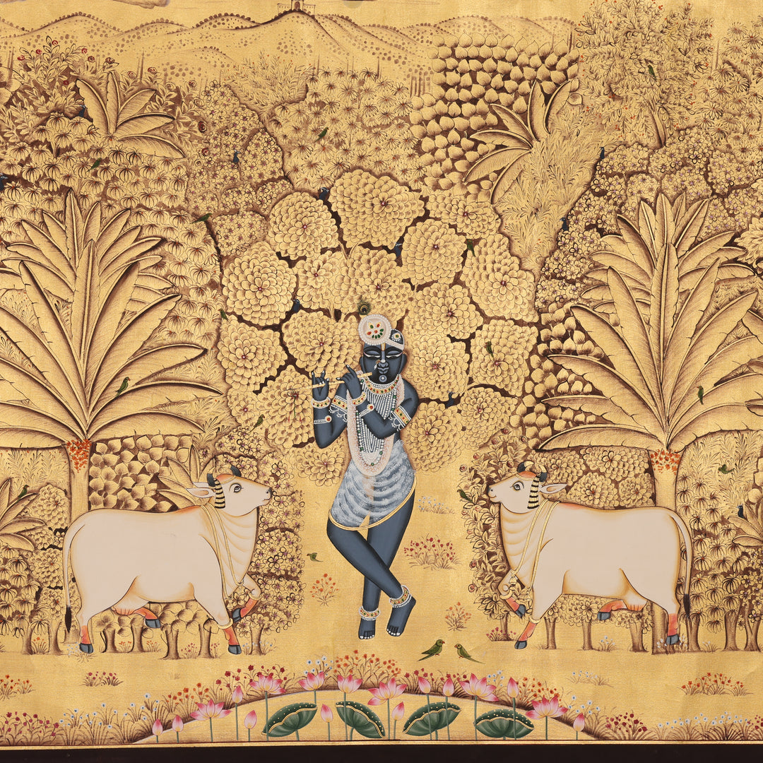 Hand-Painted Gold Leaf Krishna with Cows - Pichwai