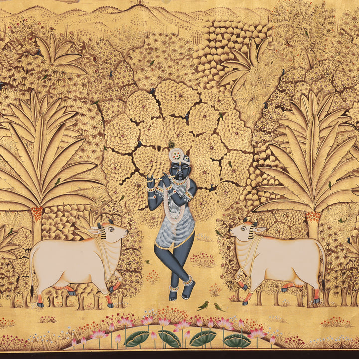 Hand-Painted Gold Leaf Krishna with Cows - Pichwai