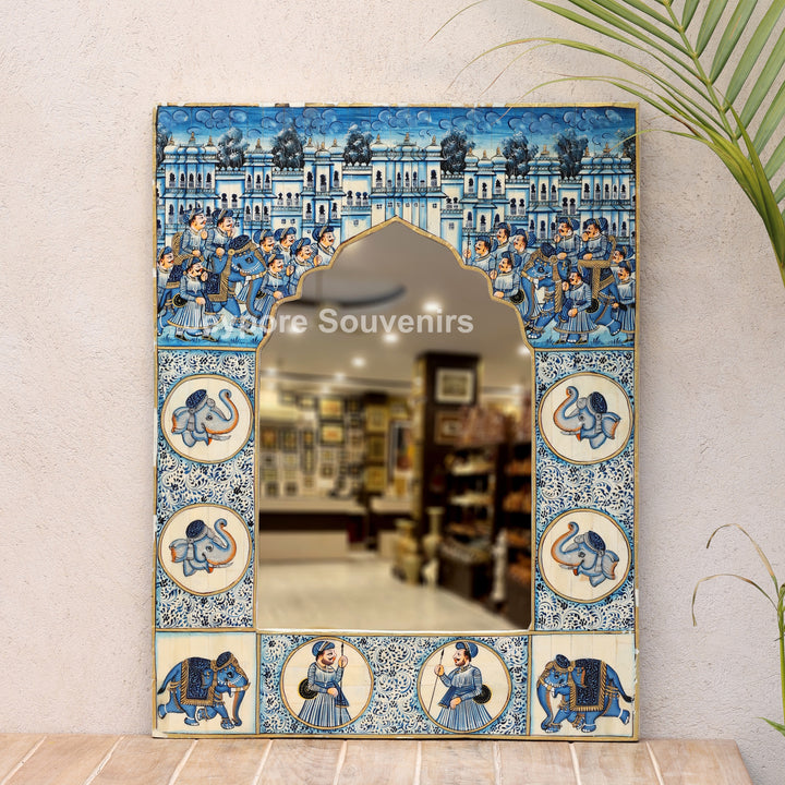 Handcrafted Blue Haveli Style Elephant Motif Camel Bone Inlay Mirror