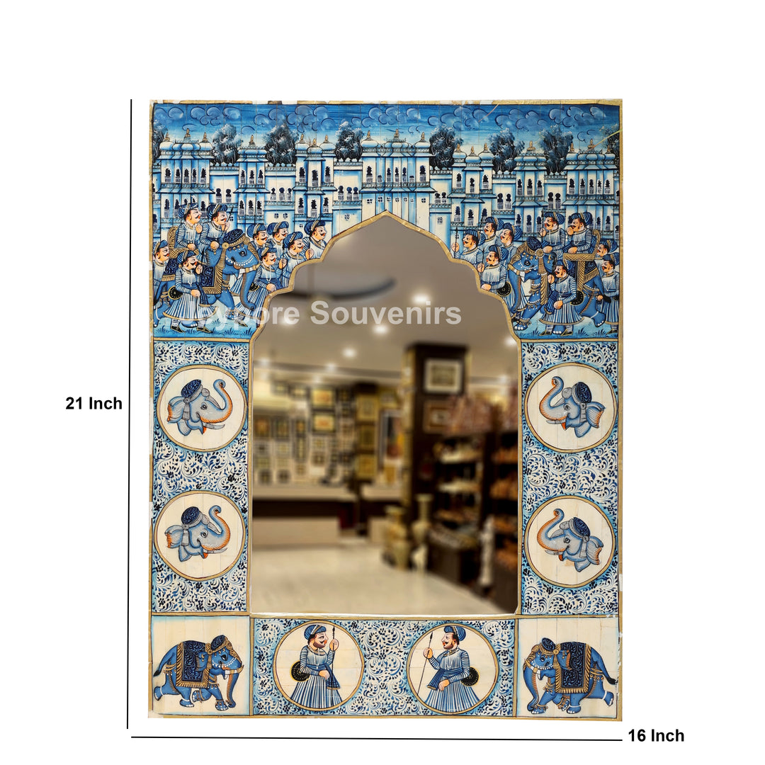 Handcrafted Blue Haveli Style Elephant Motif Camel Bone Inlay Mirror