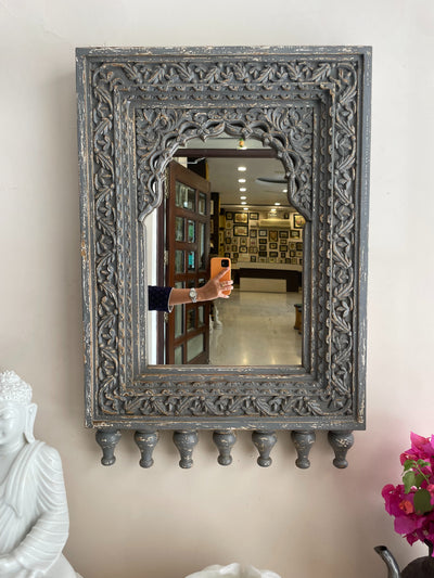 Hand carved jharokha mirror frame in distressed finish