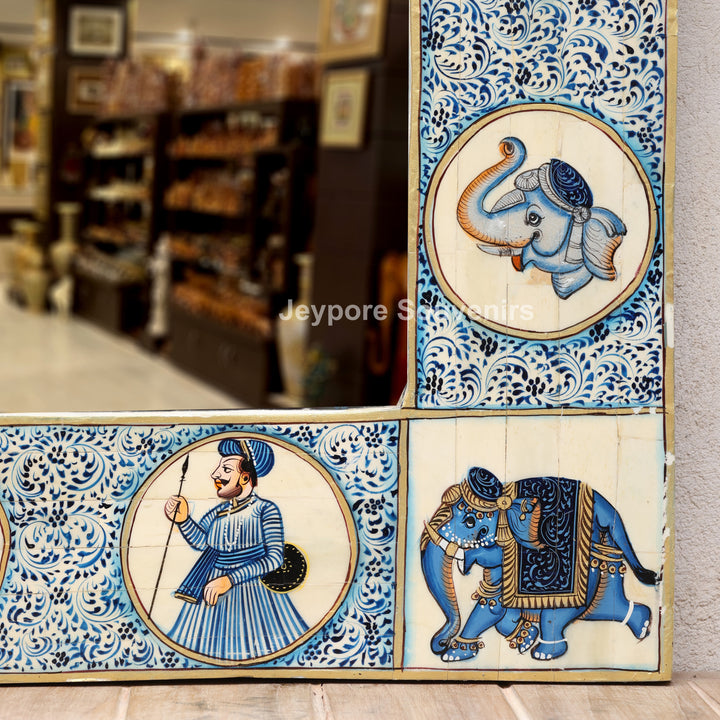 Handcrafted Blue Haveli Style Elephant Motif Camel Bone Inlay Mirror