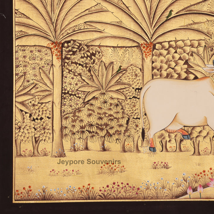 Hand-Painted Gold Leaf Krishna with Cows - Pichwai